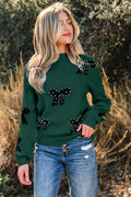 Blackish Green Pearl Embellished Bow Pattern Loose Sweater