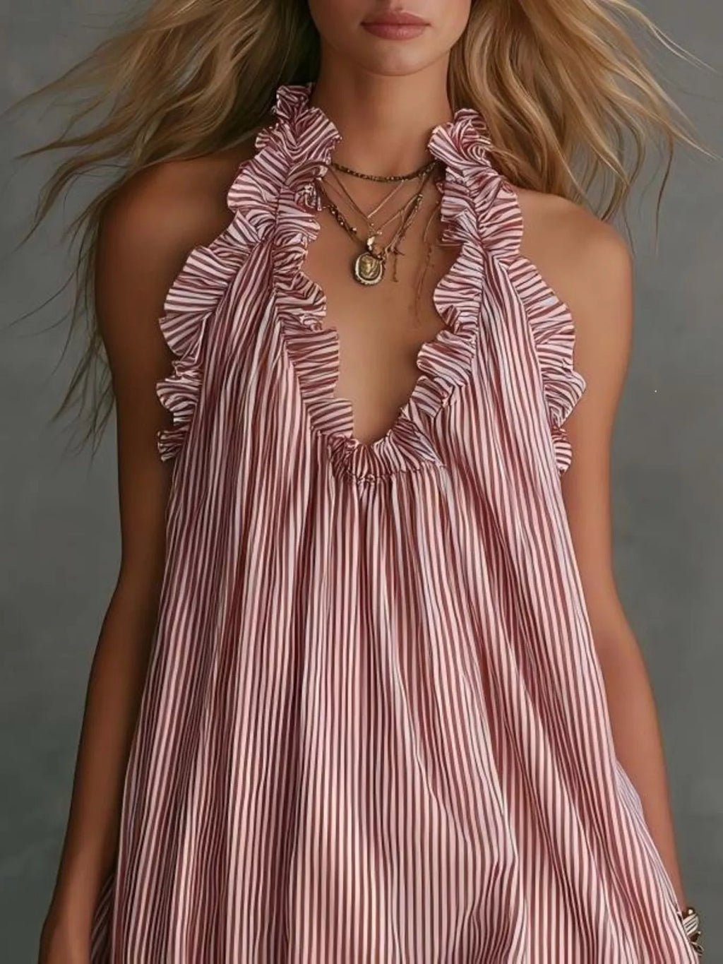 Full Size Ruffled Trim Halter Neck Mini Dress Plus Size