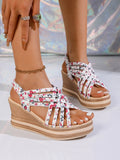 Open Toe Floral Print Strappy Platform Wedge Sandals