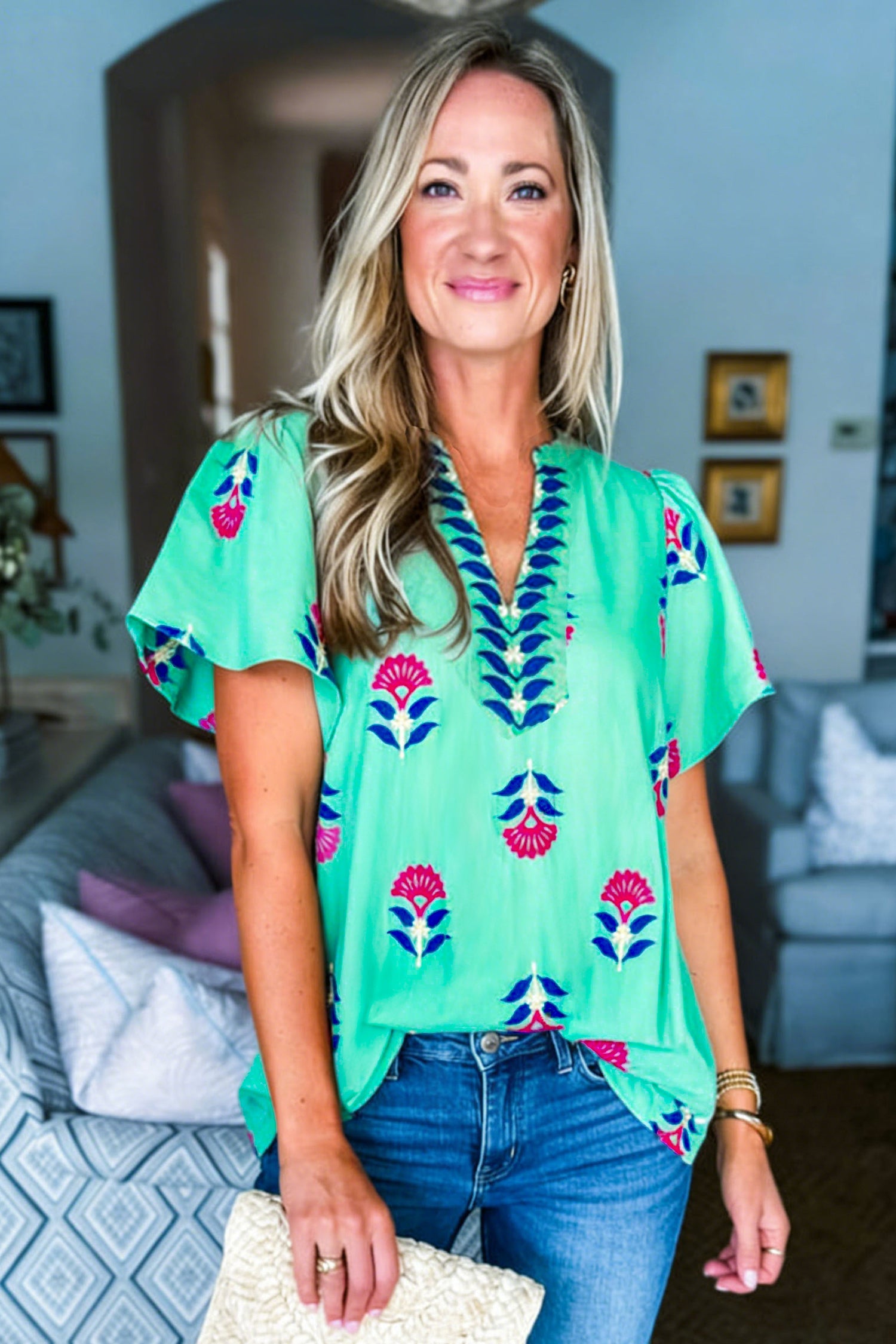 Green Floral V Neck Flutter Sleeve Blouse