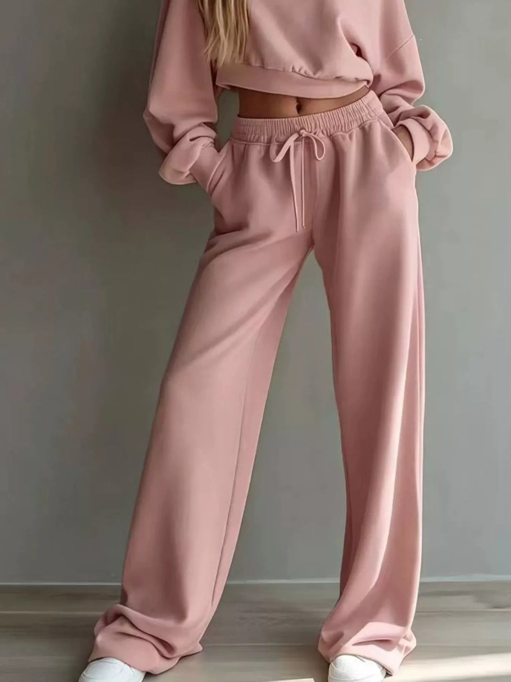 Round Neck Cropped Sweatshirt and Wide-Leg Pants Set