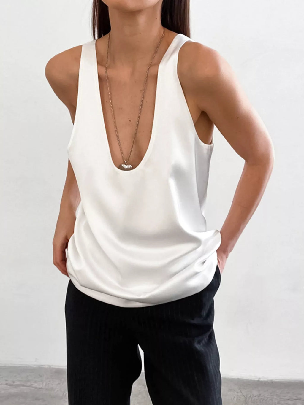 Satin Deep V-Neck Tank