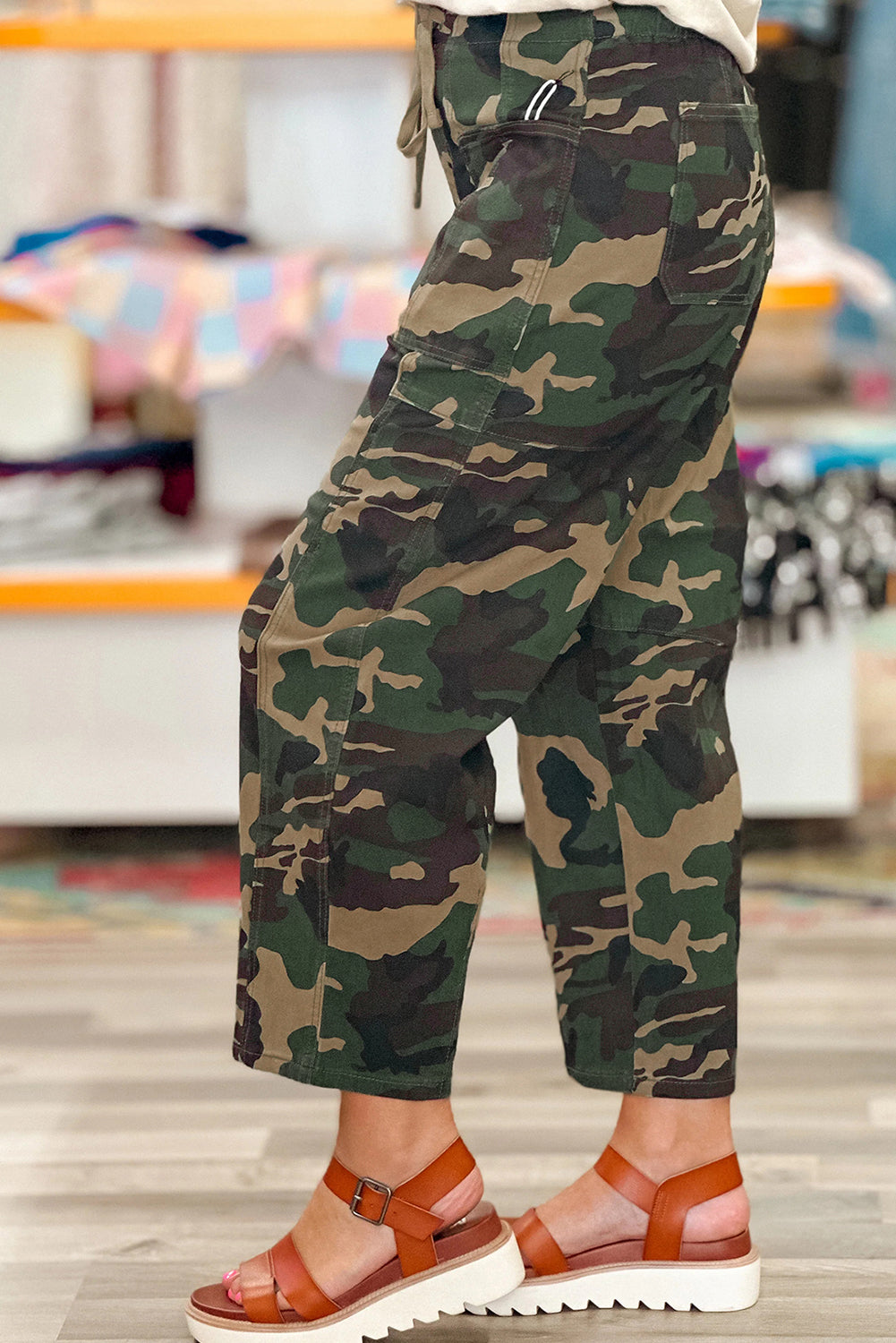 Green Camouflage Print Drawstring Patch Pocket Ankle Length Jeans