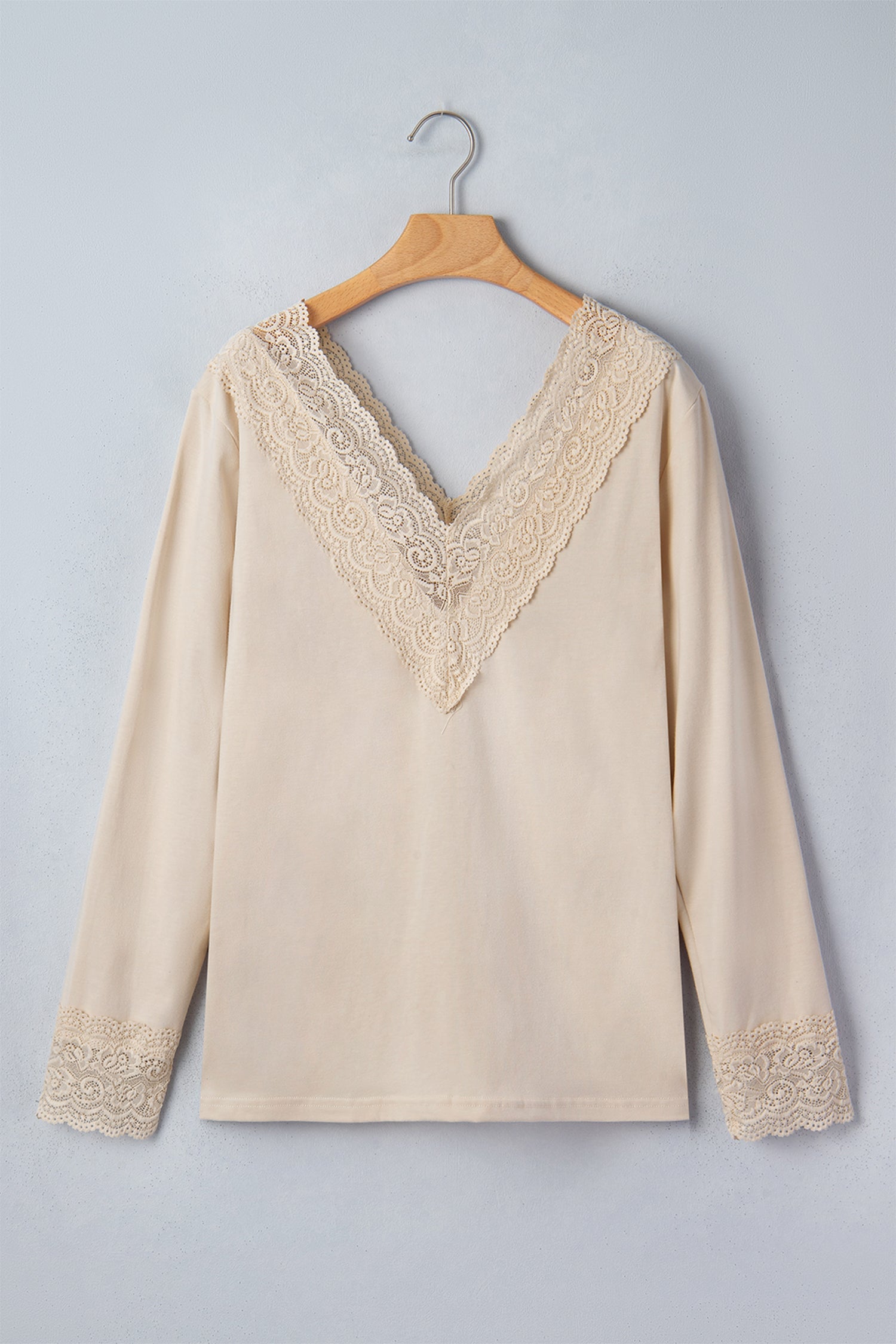 Apricot Lace Trim V Neck Long Sleeve Patchwork Pullover Top
