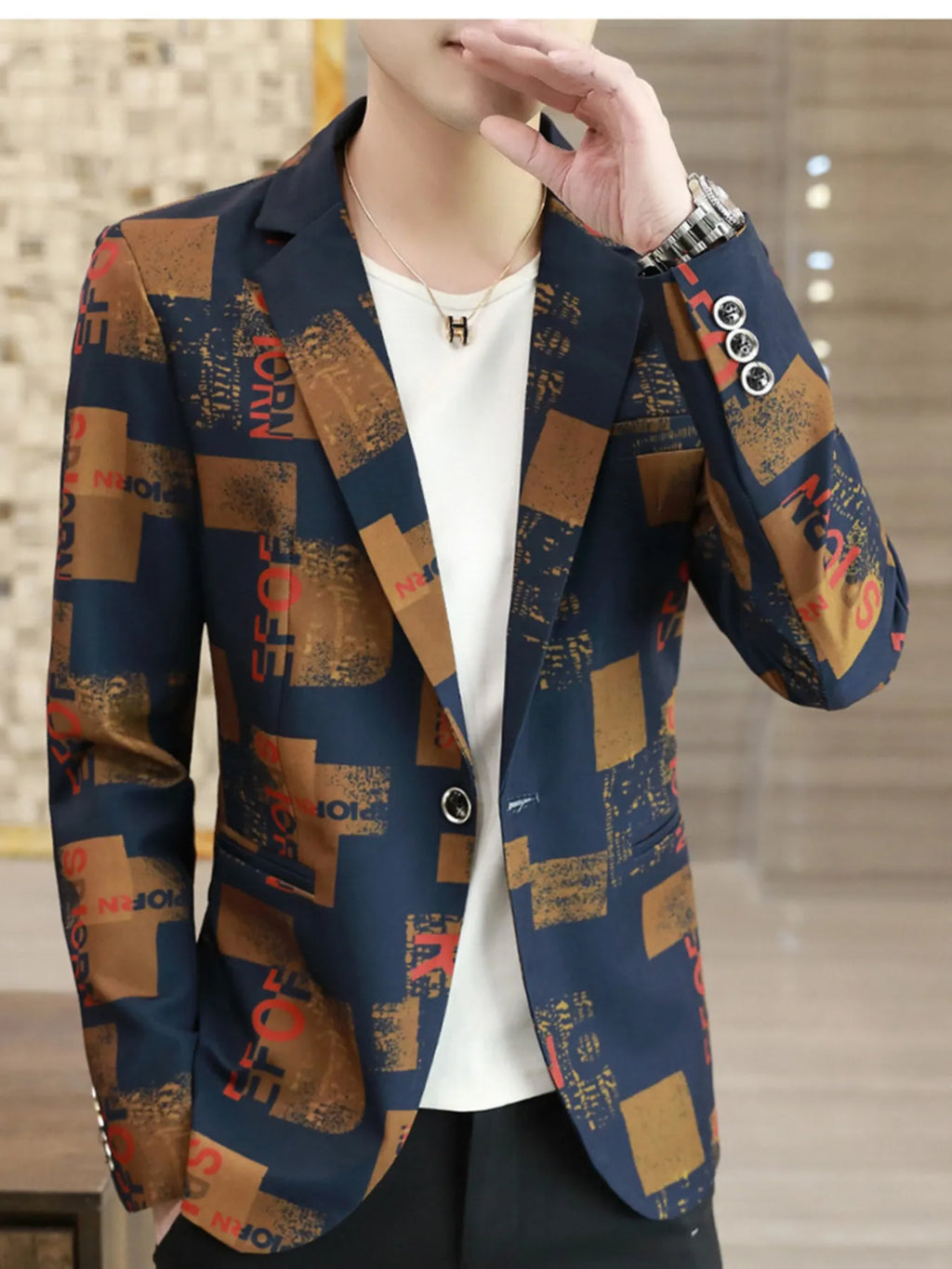 Men's Plus Size Printed One Button Slim Fit Blazer
