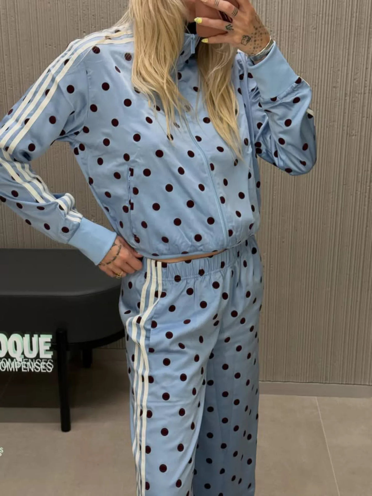 Polka Dot Side Striped Outerwear and Pants Set