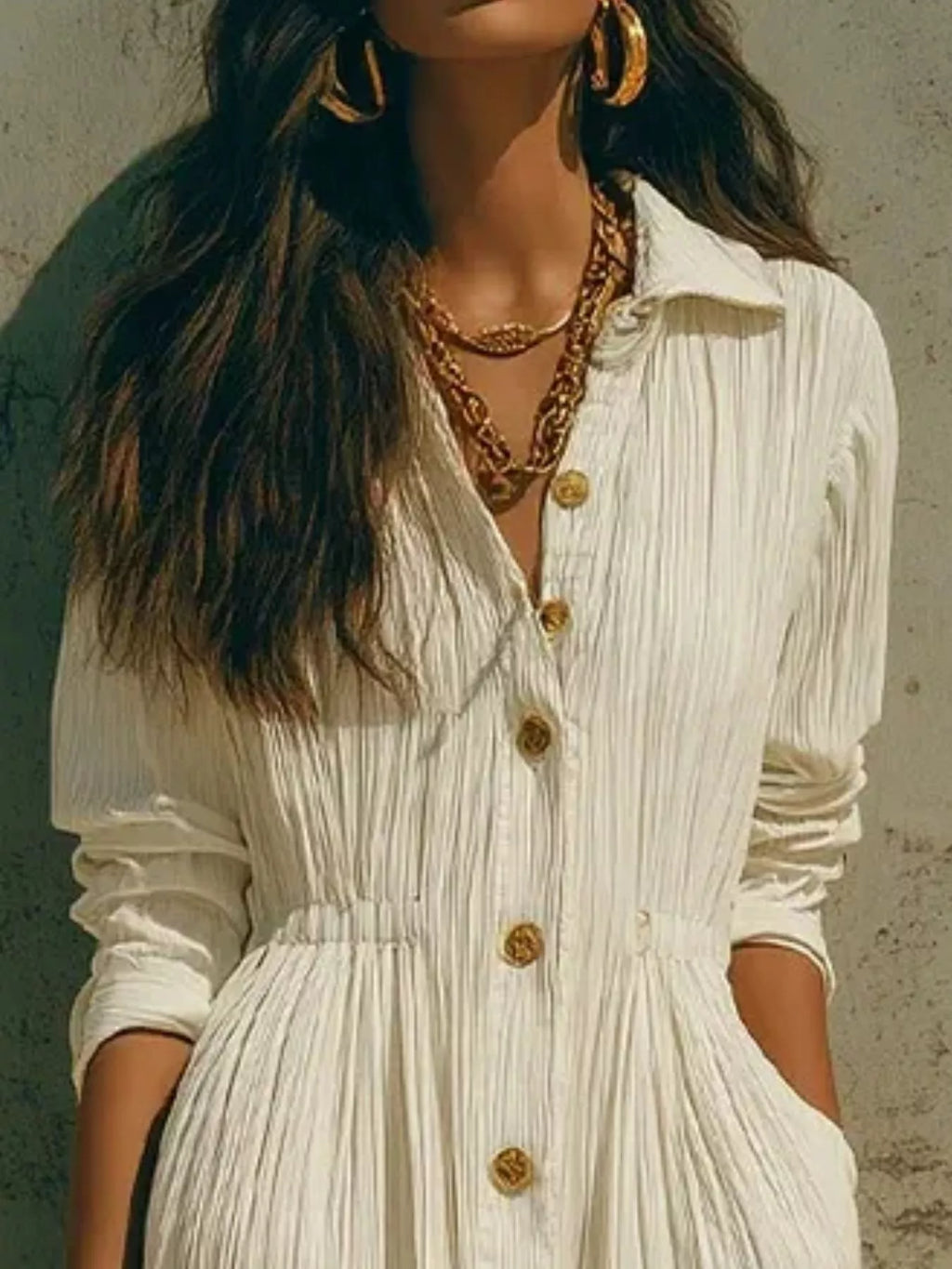 Full Size Textured Button Down Long Sleeve Maxi Dress Plus Size