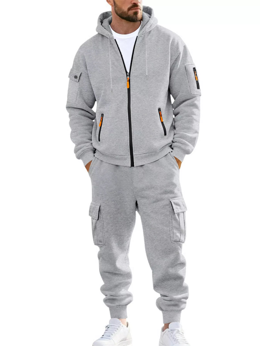 Men's Plus Size Casual Zip-Up Hoodie and Cargo Pants Set