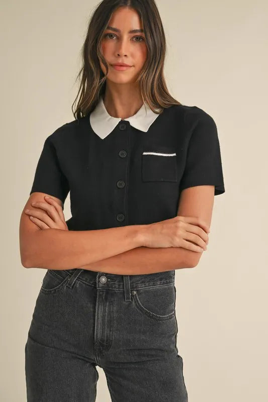 Button Down Contrast Collar Knit Cardigan with Pockets