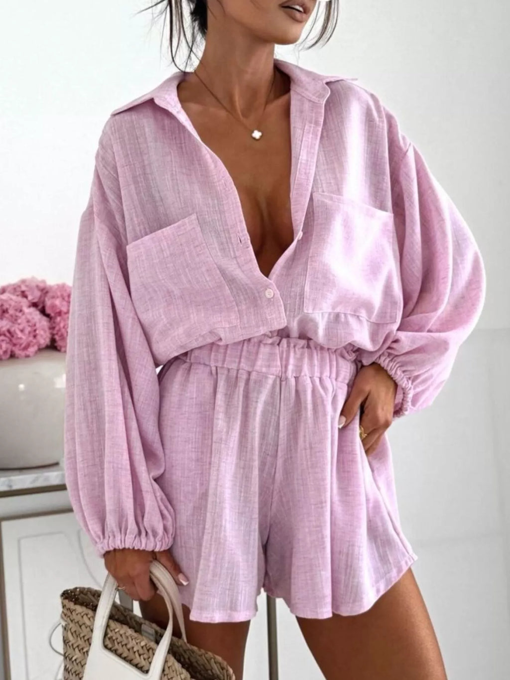 Long Sleeve Shirt and High-Waisted Shorts Set