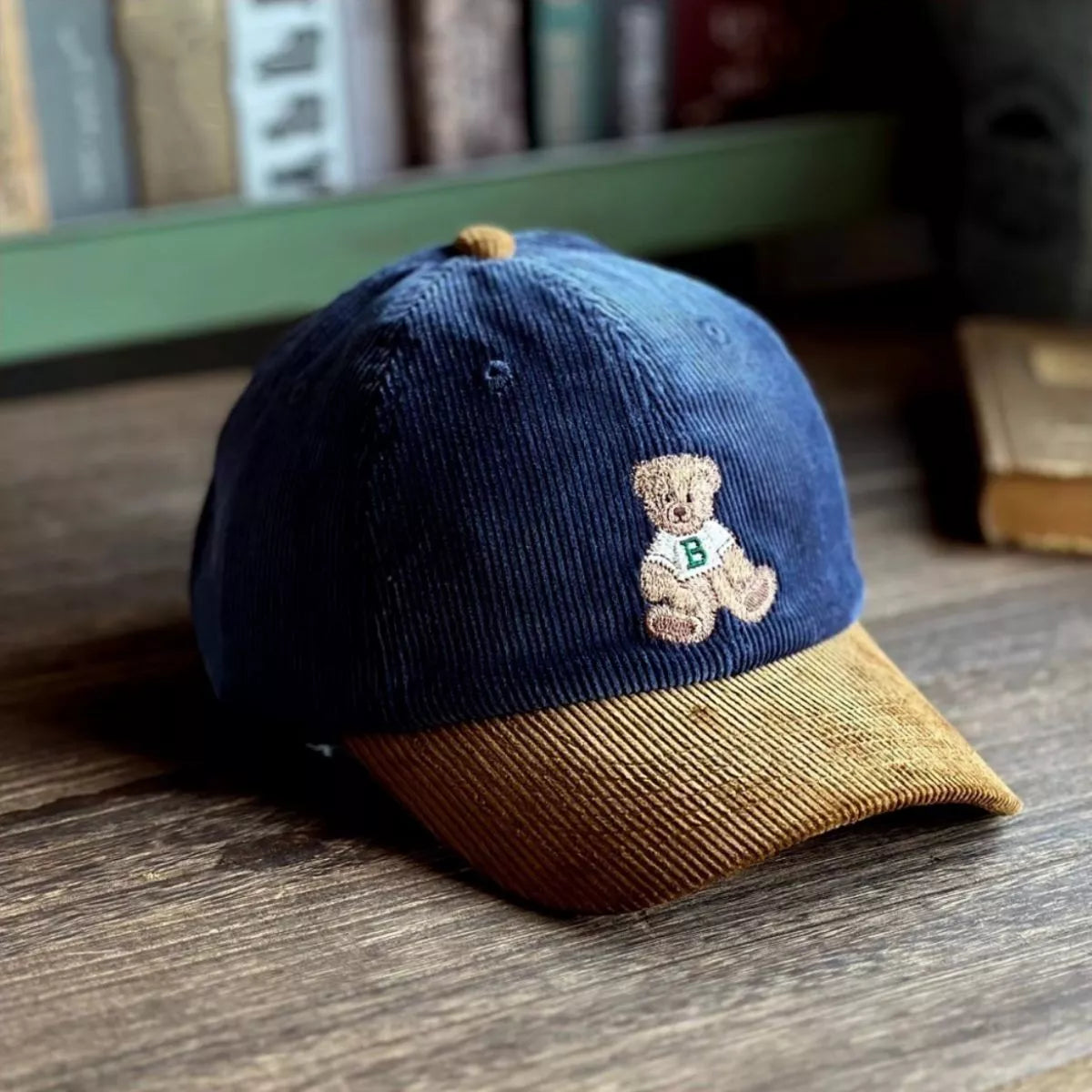 Corduroy Baseball Cap with Embroidered Bear