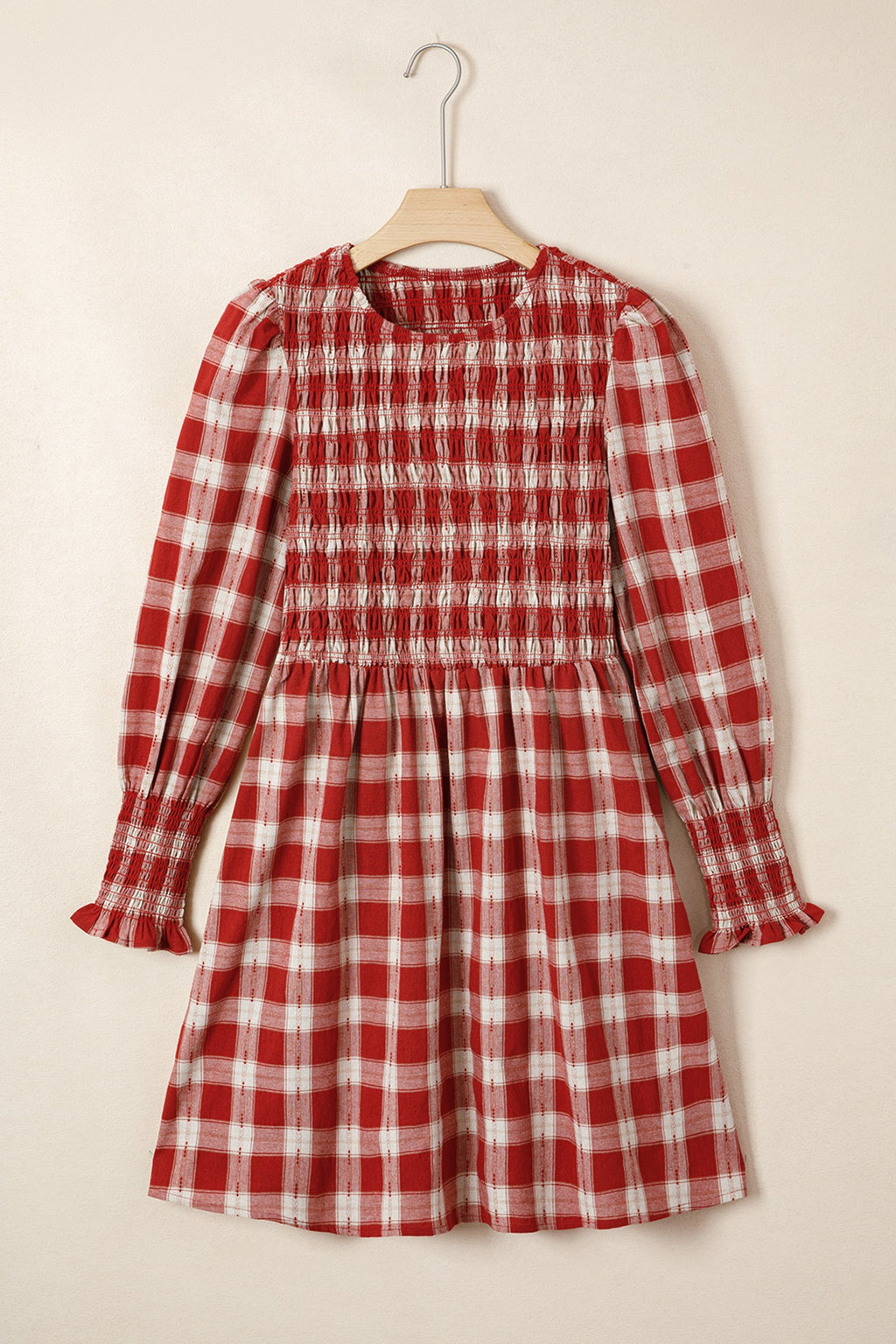 Red Plaid Print Smocked Puff Sleeve Mini Dress