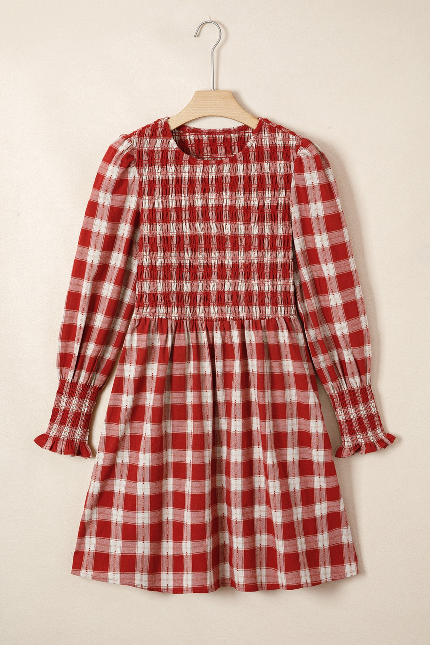 Red Plaid Print Smocked Puff Sleeve Mini Dress