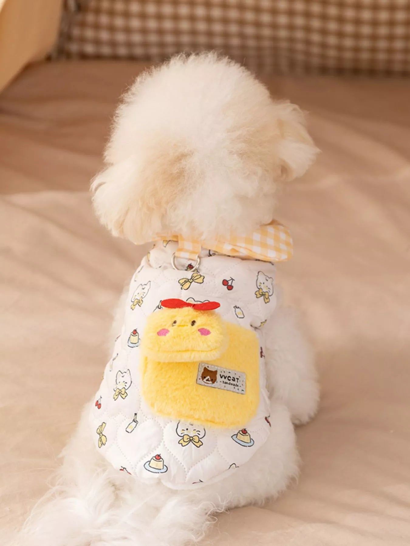 Cute Cartoon Print Padded Pet Jacket with Gingham Collar