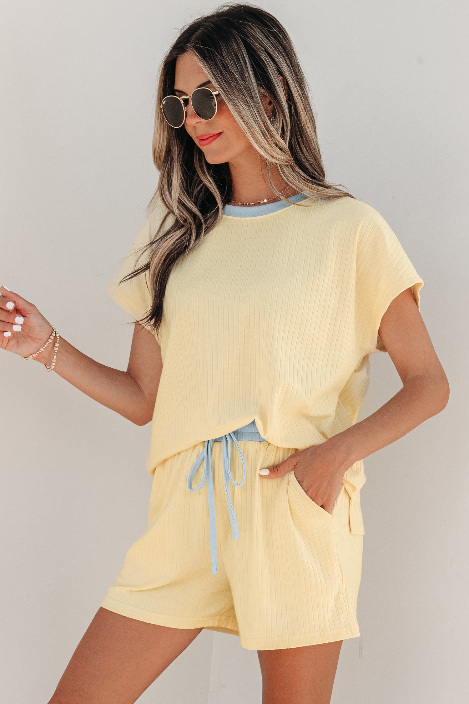 Yellow Cream Soft Ribbed Color Block Trim Casual Short Set