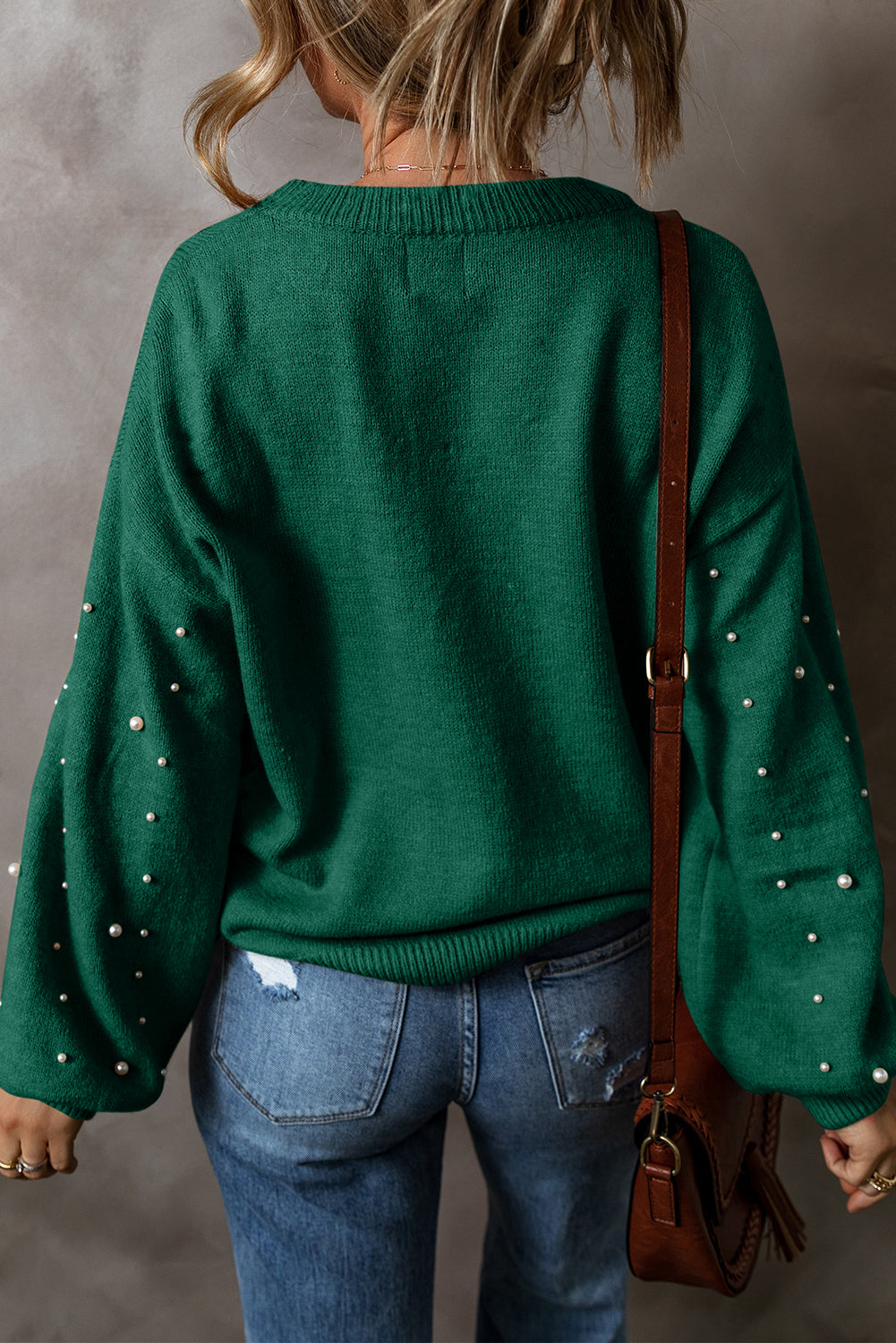 Solid Pearl Drop Shoulder Round Neck Sweater