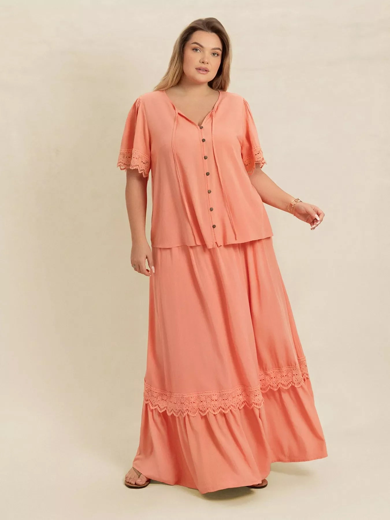 Lace Detail Tie Neck Top and Skirt Set