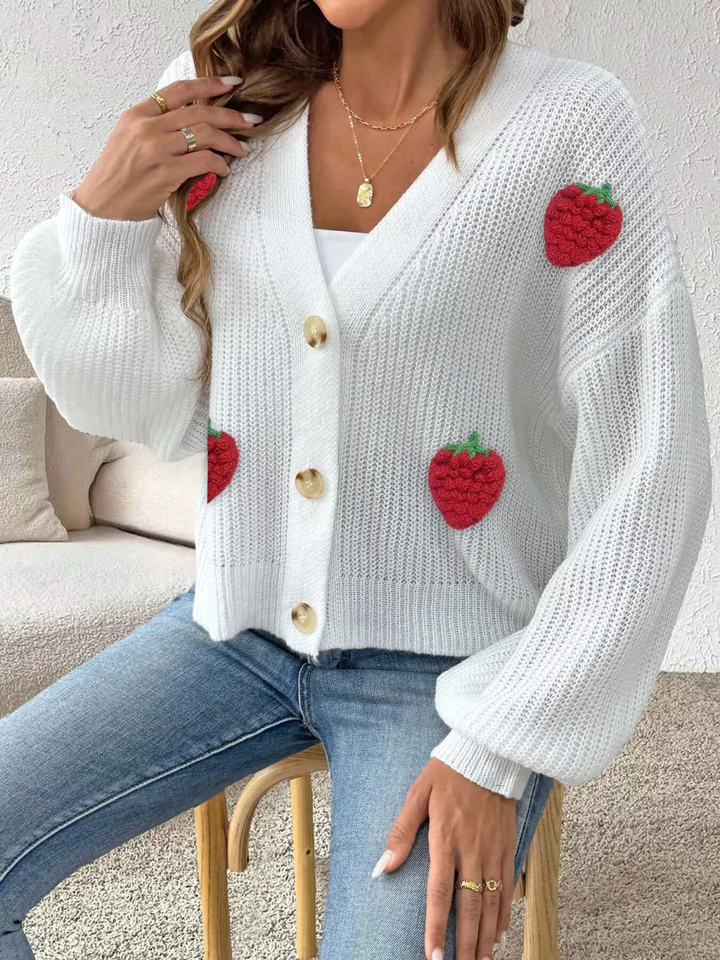 Strawberry Applique Button Up Cardigan