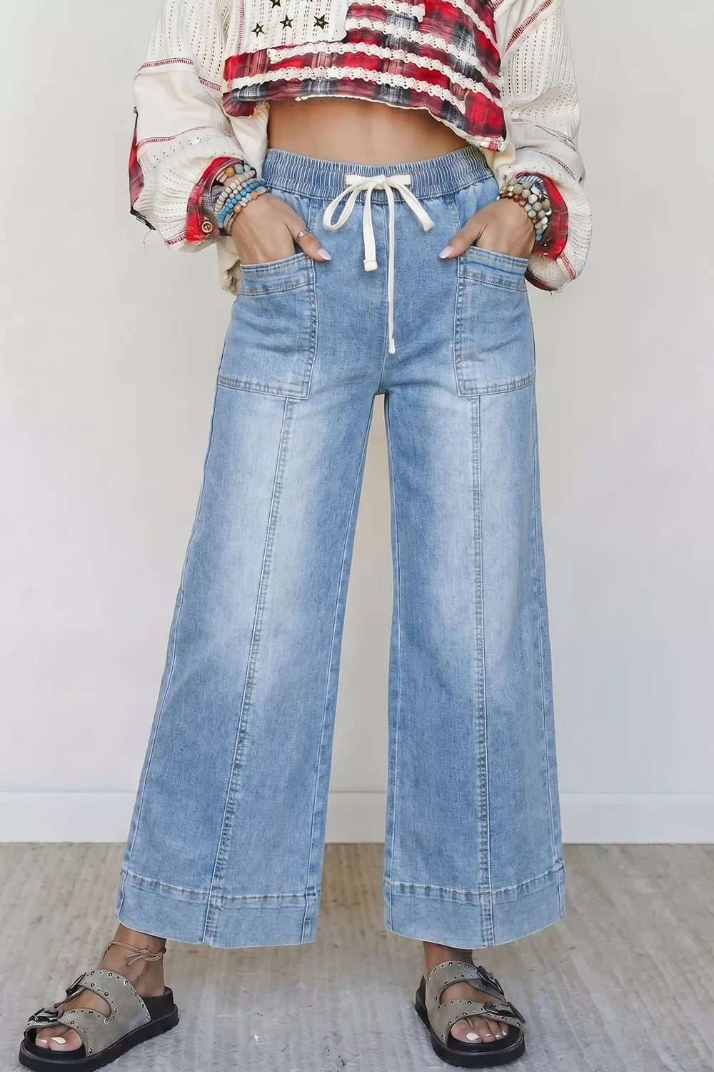 Drawstring Waist Wide Leg Ankle Length Jeans