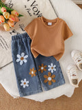 Children's Round Neck Top and Flower Jeans Set