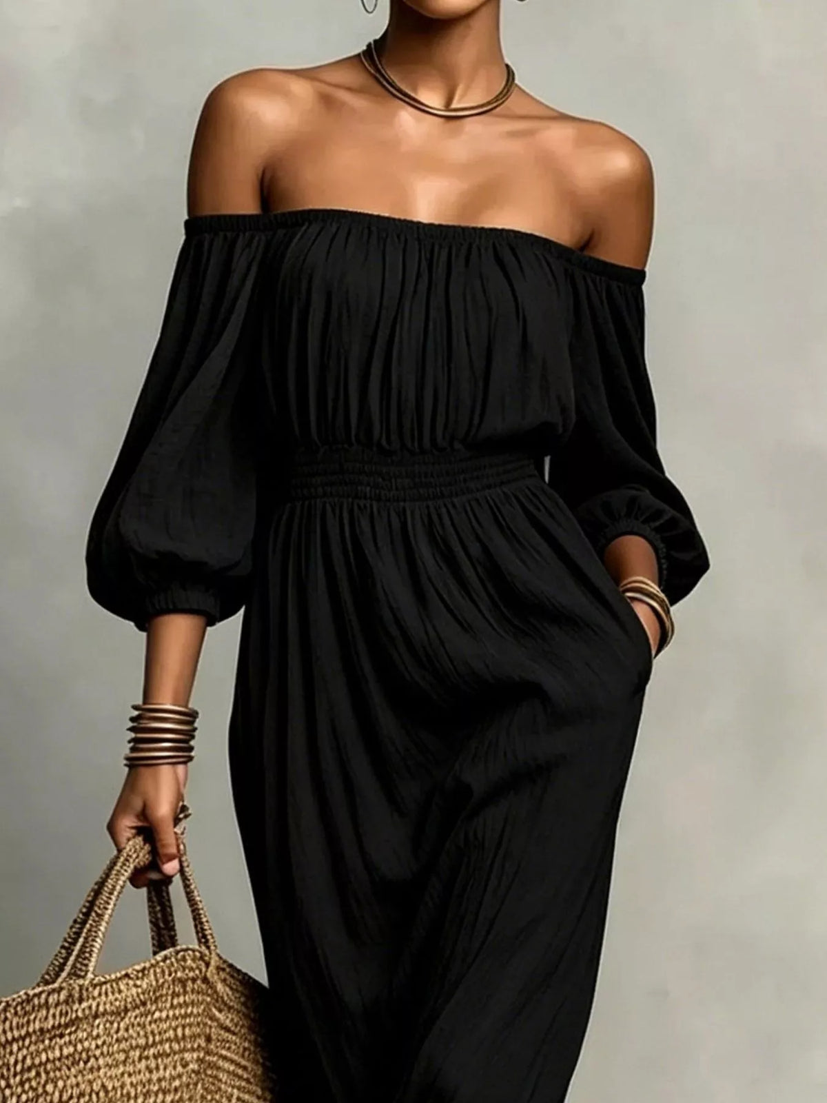 t Off-Shoulder Smocked Waist Maxi Dress
