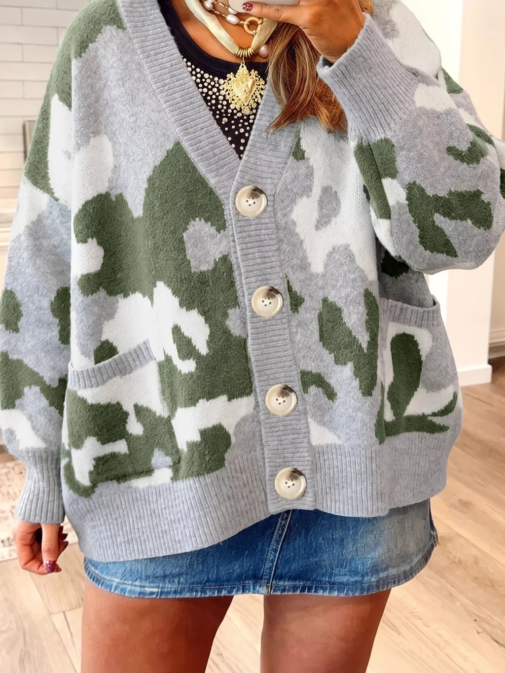 Camouflage Drop Shoulder V Neck Button Front Cardigan