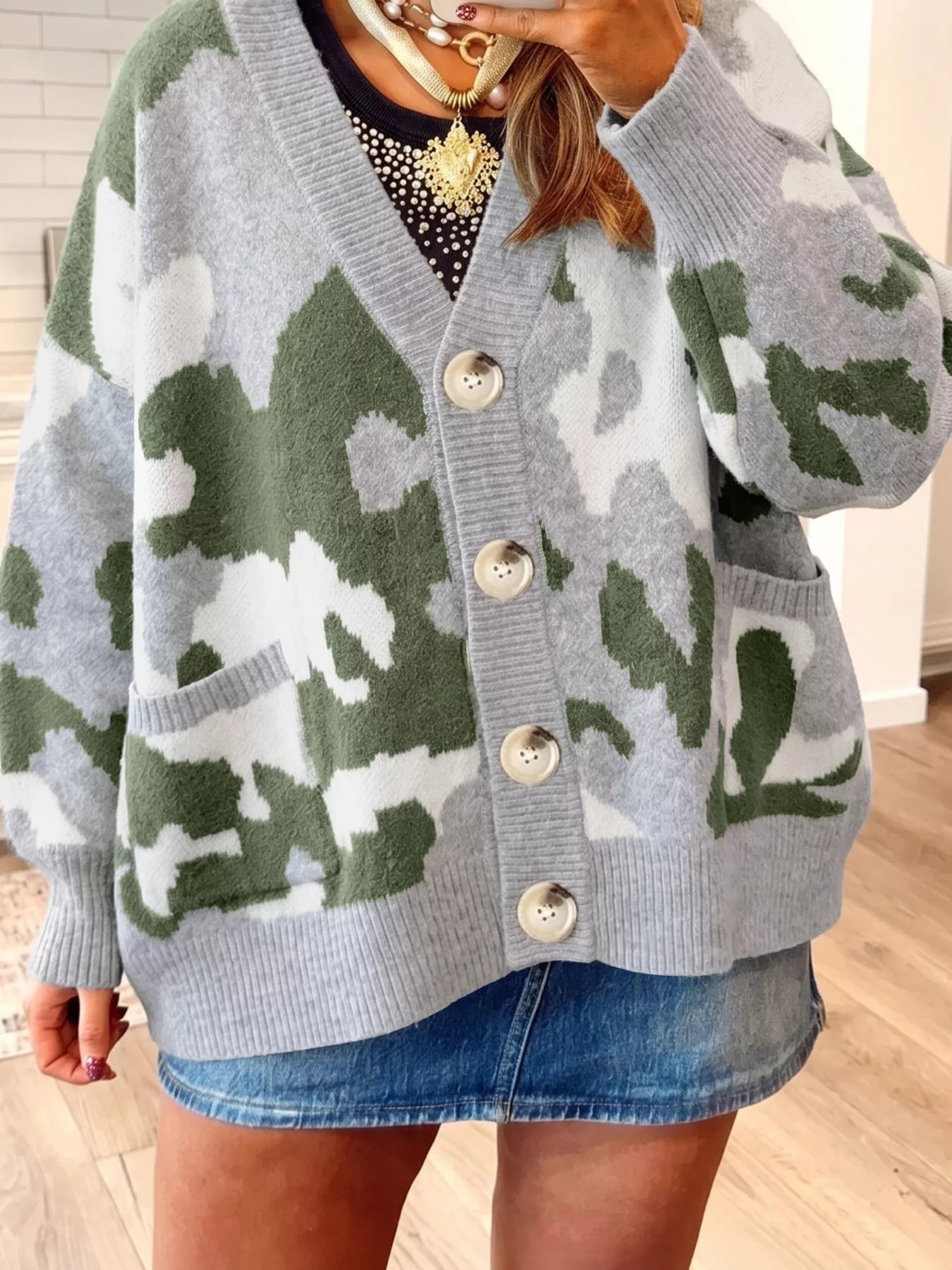 Camouflage Drop Shoulder V Neck Button Front Cardigan