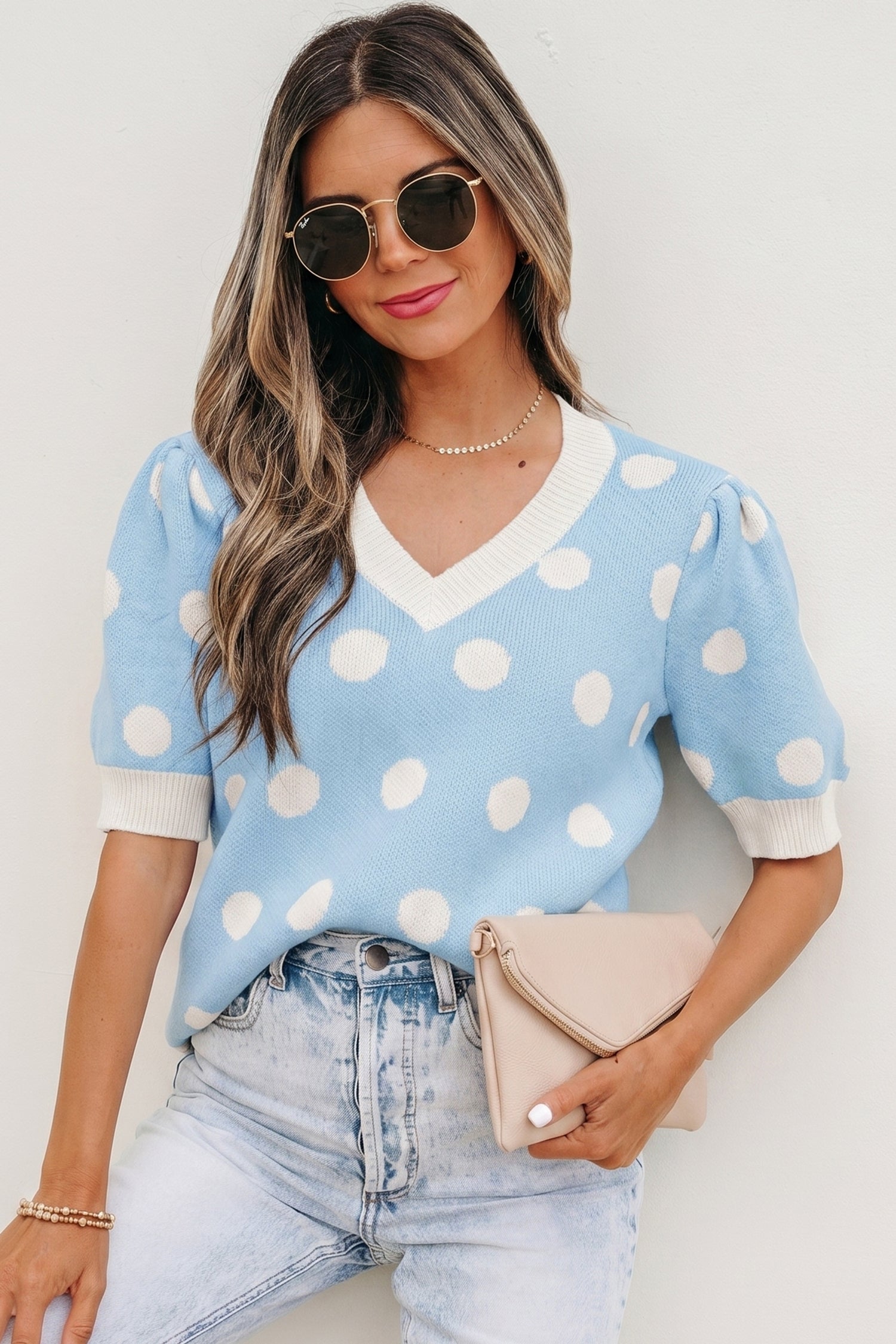 Light Blue Polka Dot Puff Short Sleeve Sweater Top