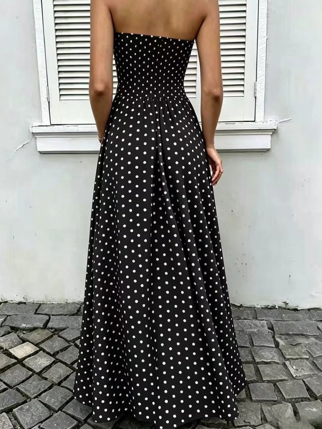 Strapless Polka Dot Ruched Maxi Dress