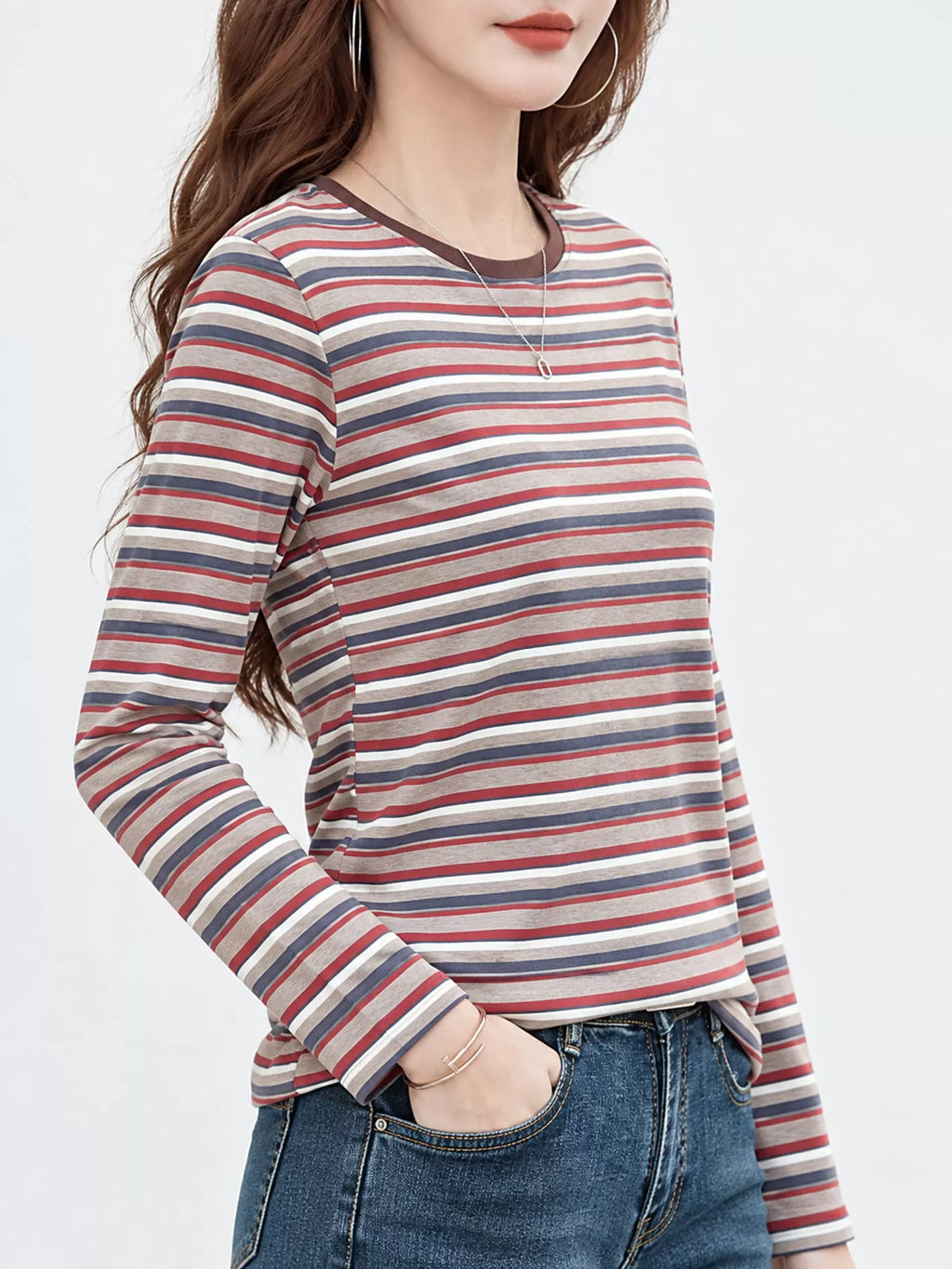 Full Size Long Sleeve Striped Crew Neck Casual T-Shirt Plus Size