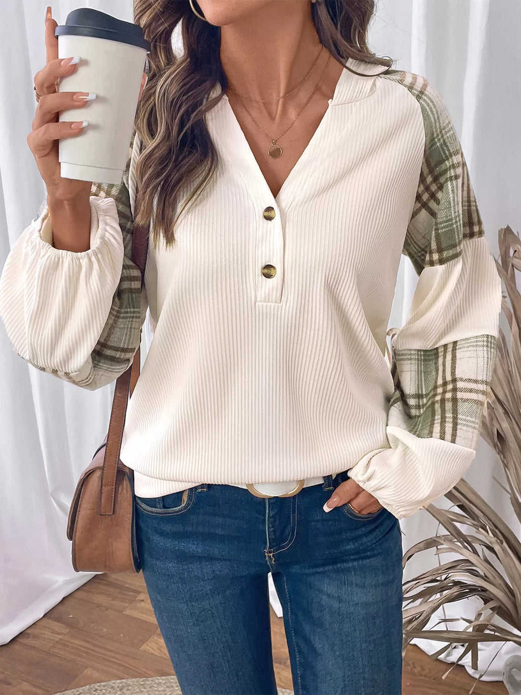 Plaid V-Neck Button-Front Sweatshirt