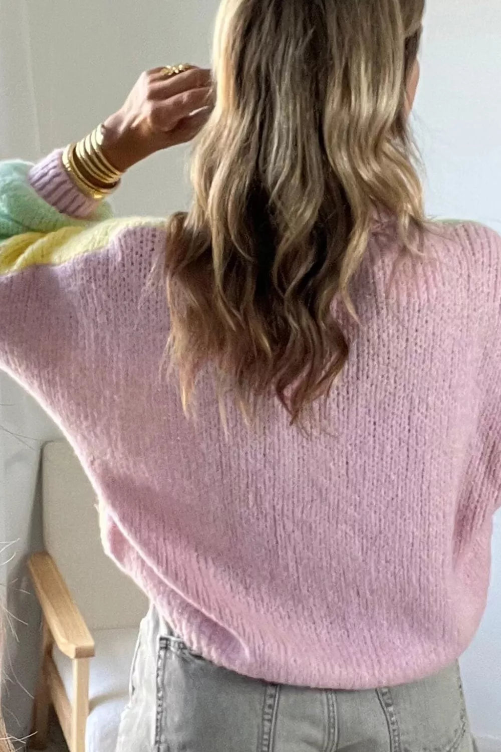 V Neck Drop Shoulder Patchwork Regular Wash Knitwear Cardigan