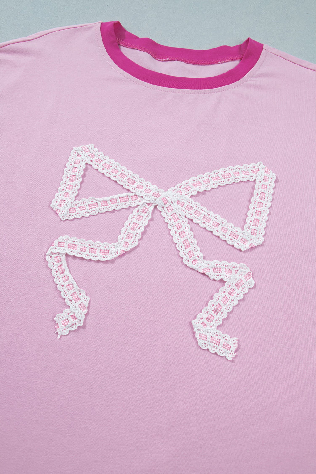 Gossamer Pink Embroidered Bow Detail Color Block Loose Tee