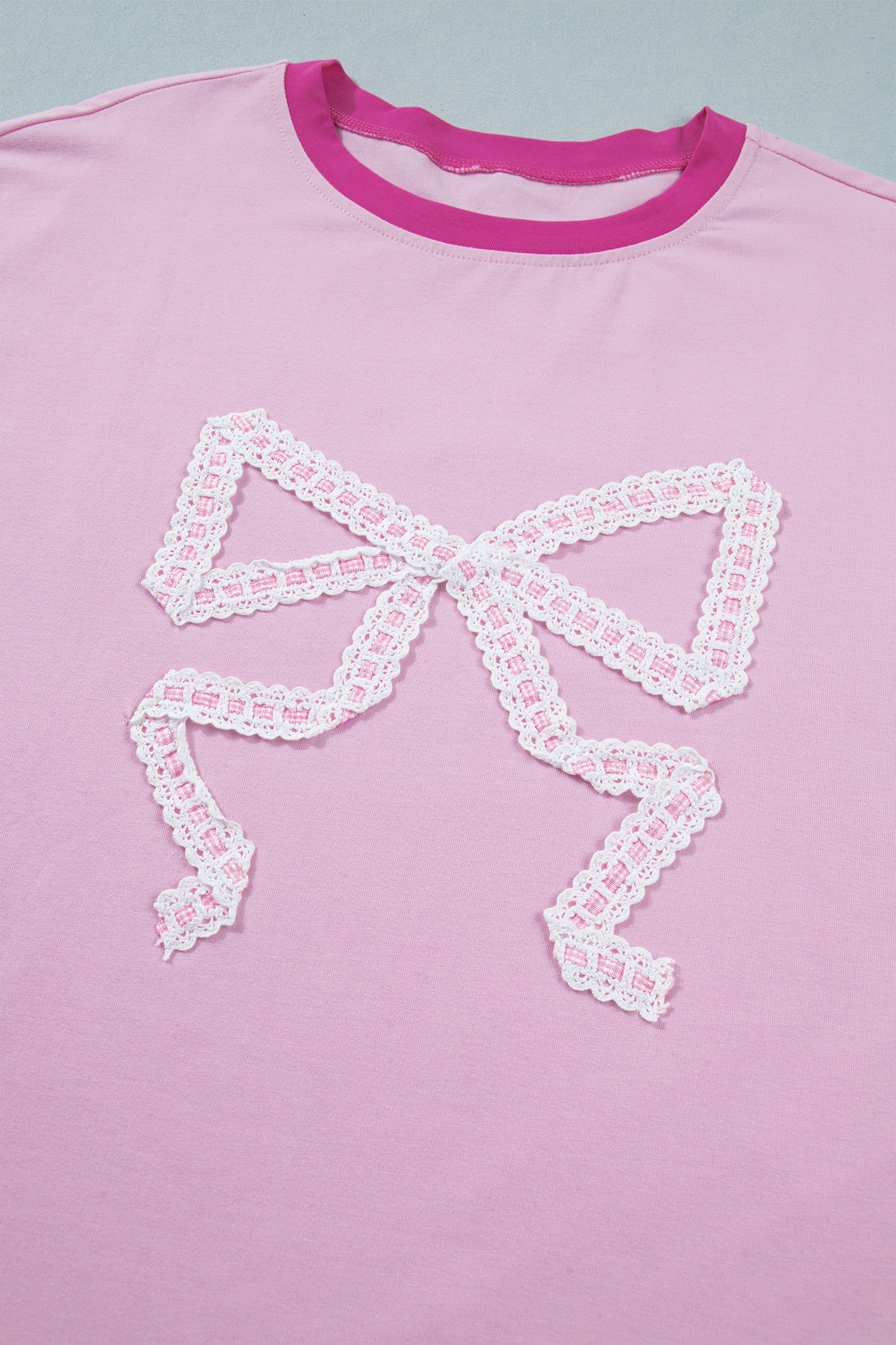 Gossamer Pink Embroidered Bow Detail Color Block Loose Tee