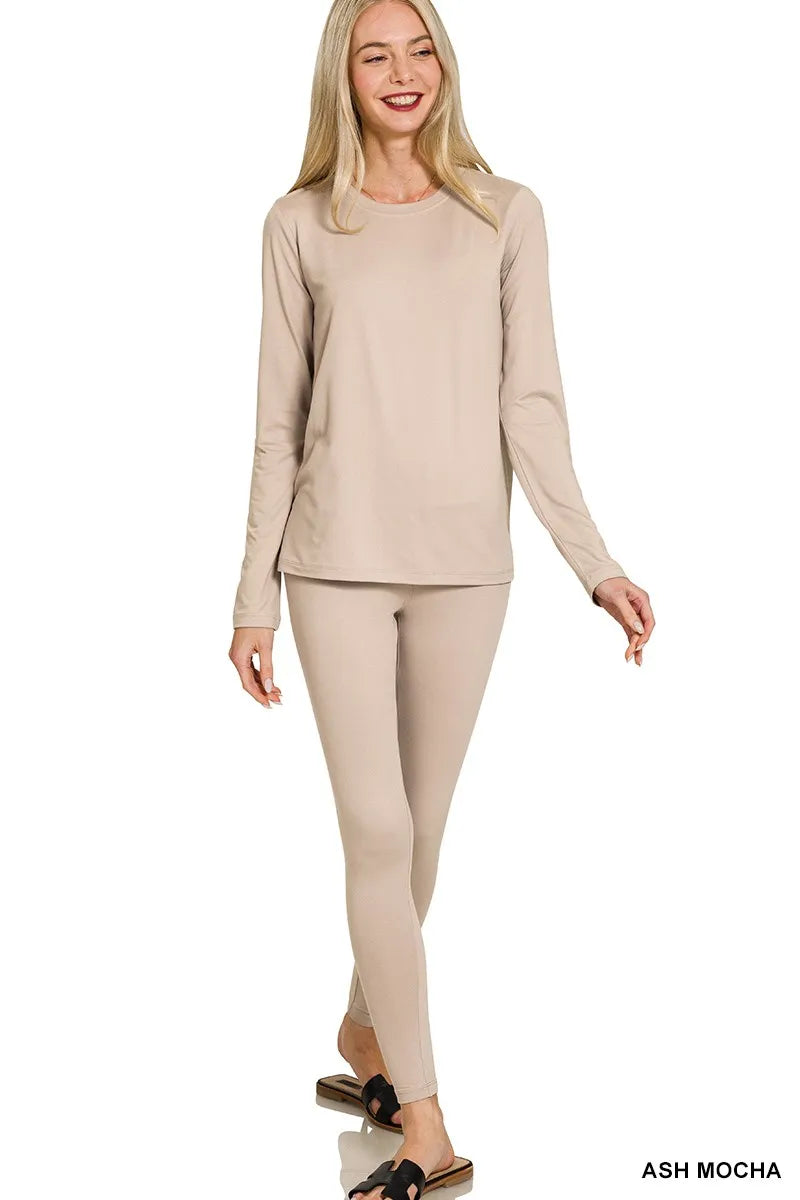 Microfiber Round Neck Long Sleeve Top and Leggings Set