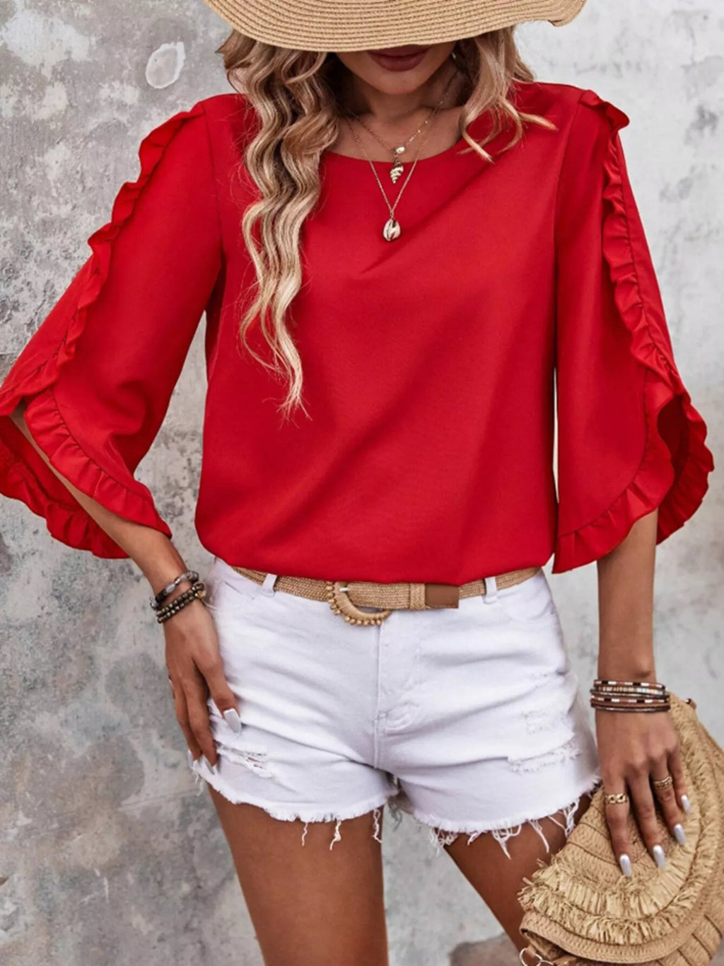 Ruffle Sleeve Solid Color Blouse