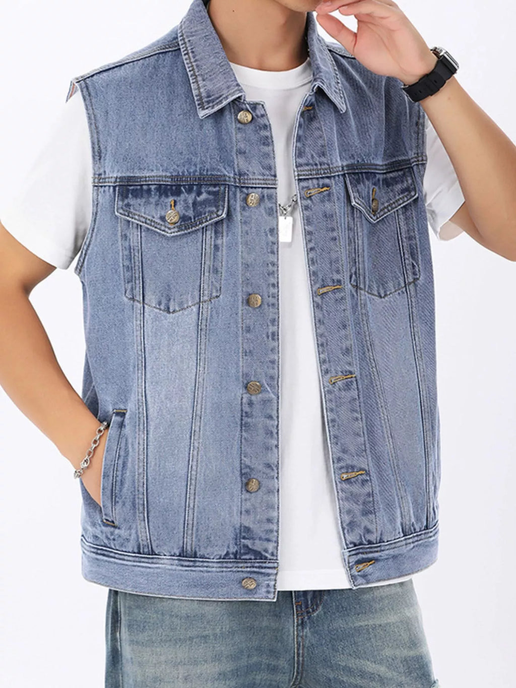 Men's Plus Size Vintage Washed Sleeveless Denim Vest