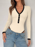 Ribbed V-Neck Long Sleeve Bodysuit with Contrast Trim