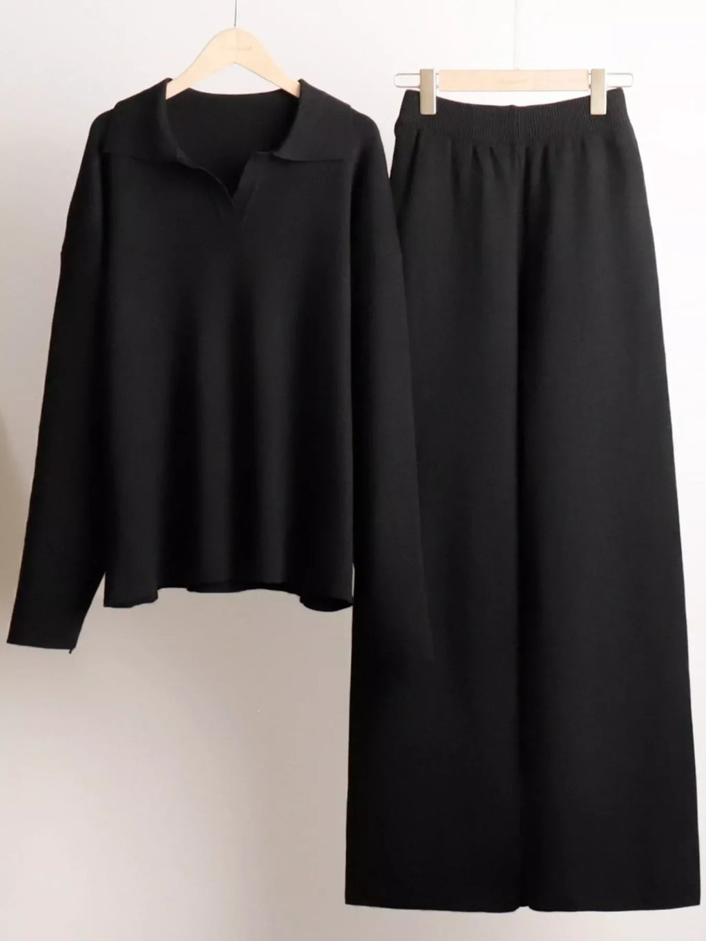 Polo Collar Top and Wide-Leg Pants Set