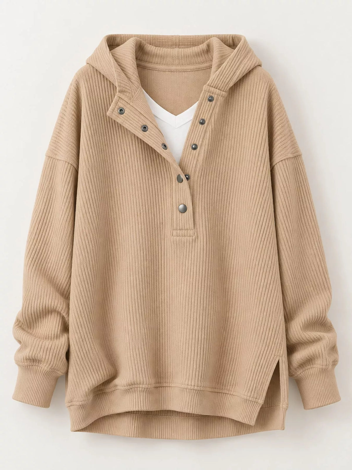 Full Size Snap Button Placket Dropped Shoulder Hoodie Plus Size