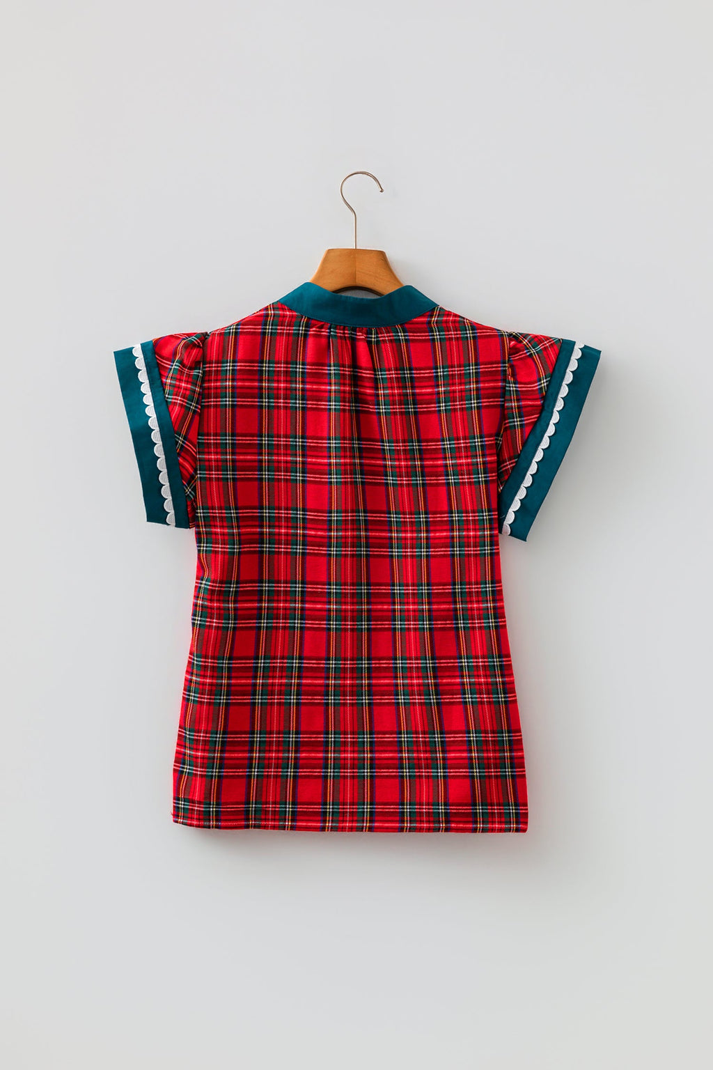 Red Plaid V Neck Short Sleeve Shift Blouse