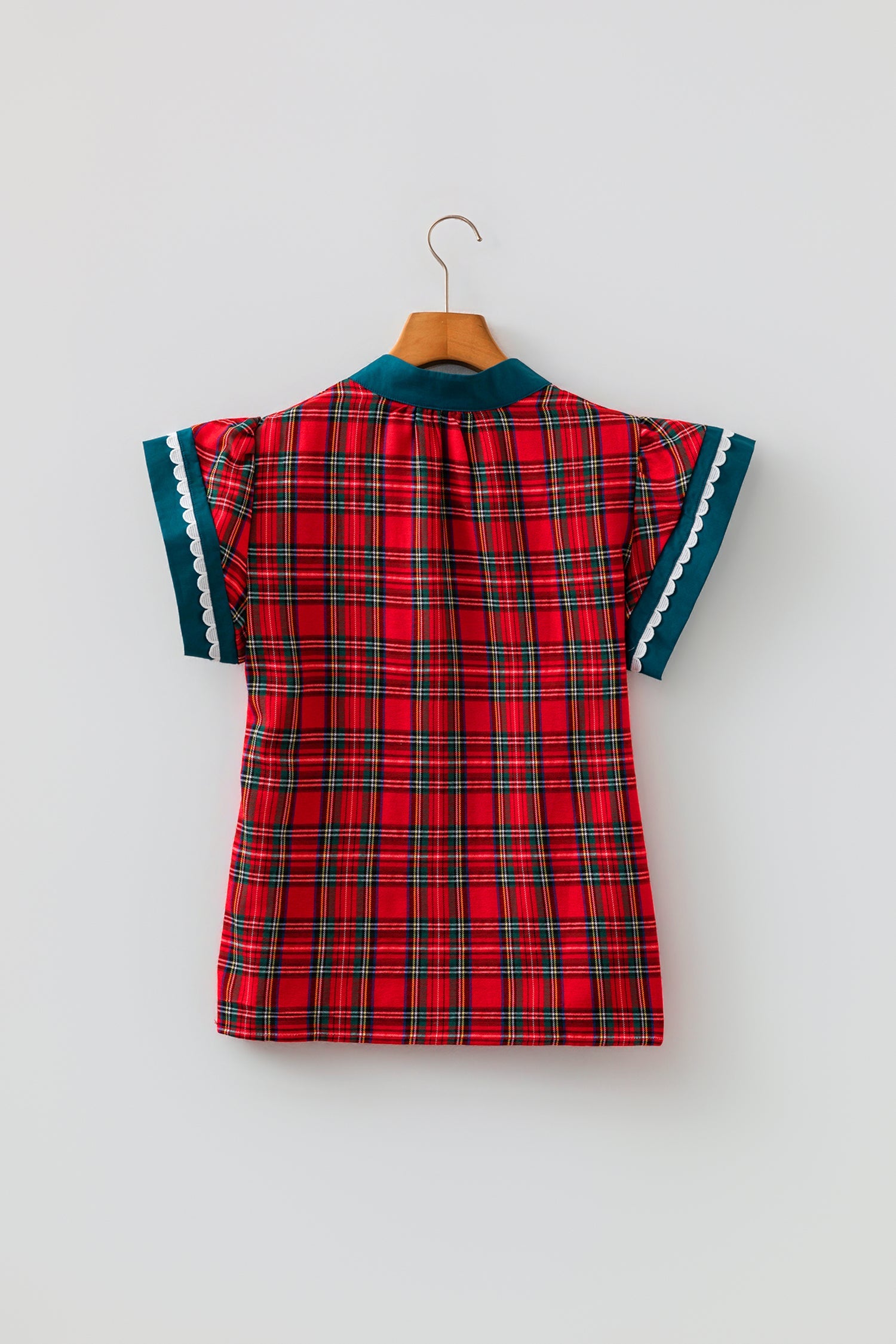 Red Plaid V Neck Short Sleeve Shift Blouse