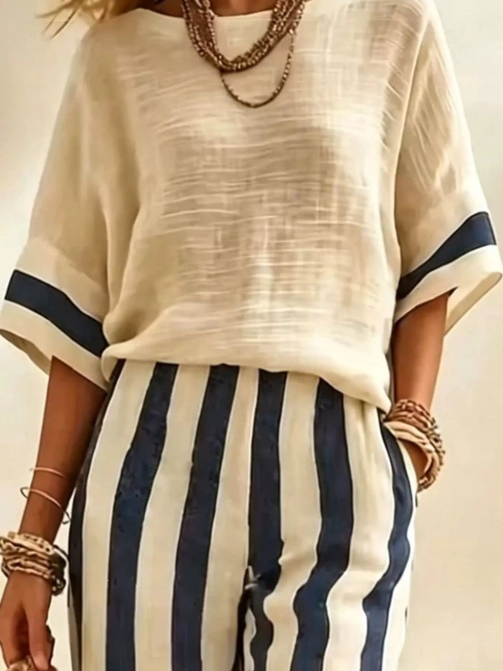 Full Size Striped Half Sleeve Top and Pants Set Plus Size