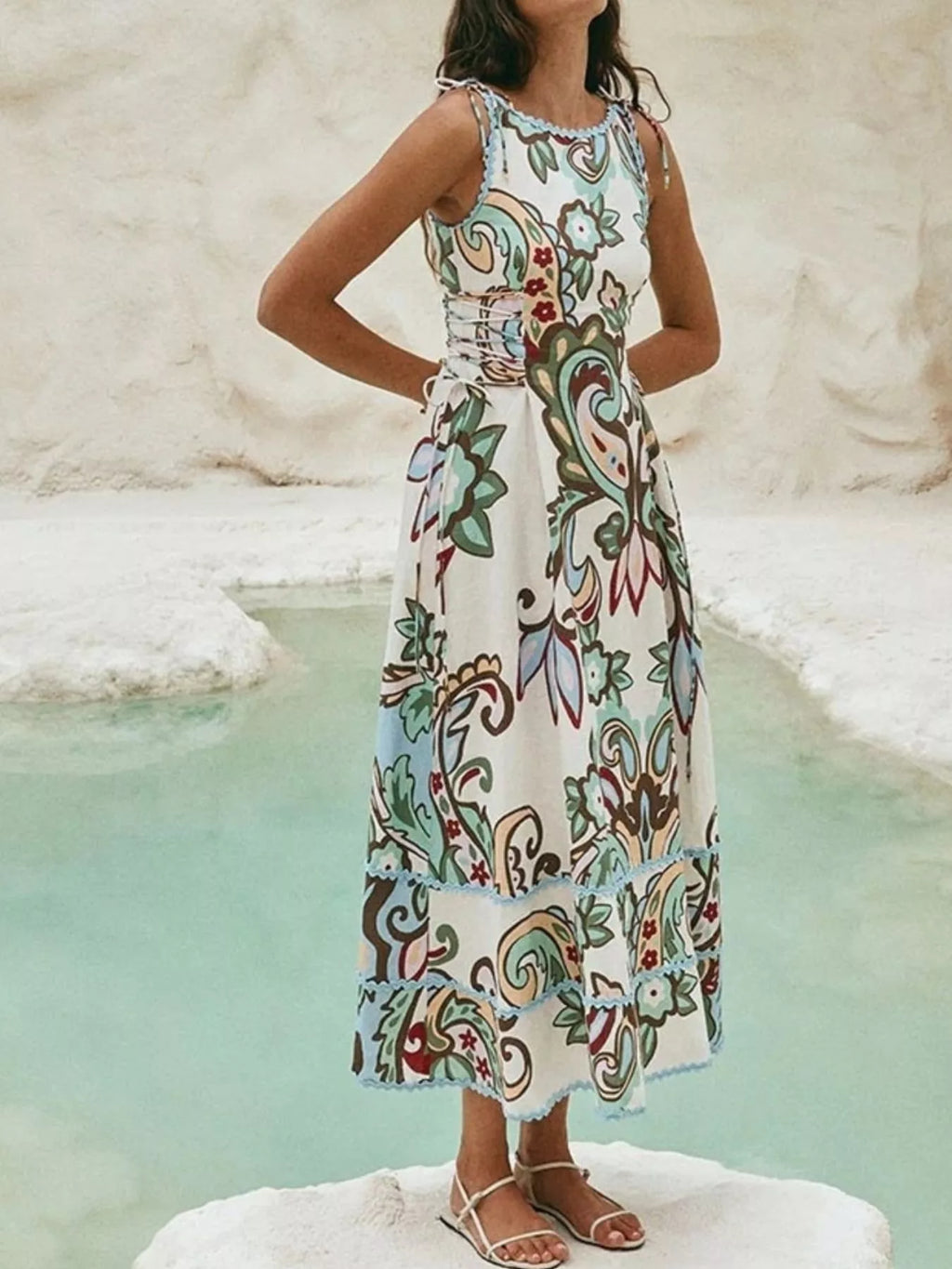 Printed Tie Shoulder Sleeveless Midi Dress