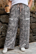 Khaki Plus Size Leopard Print Raw Edge Patch Pocket Drawstring Loose Pants