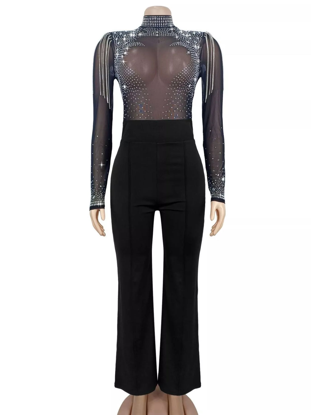 Rhinestone Embellished Mesh Long Sleeve Jumpsuit