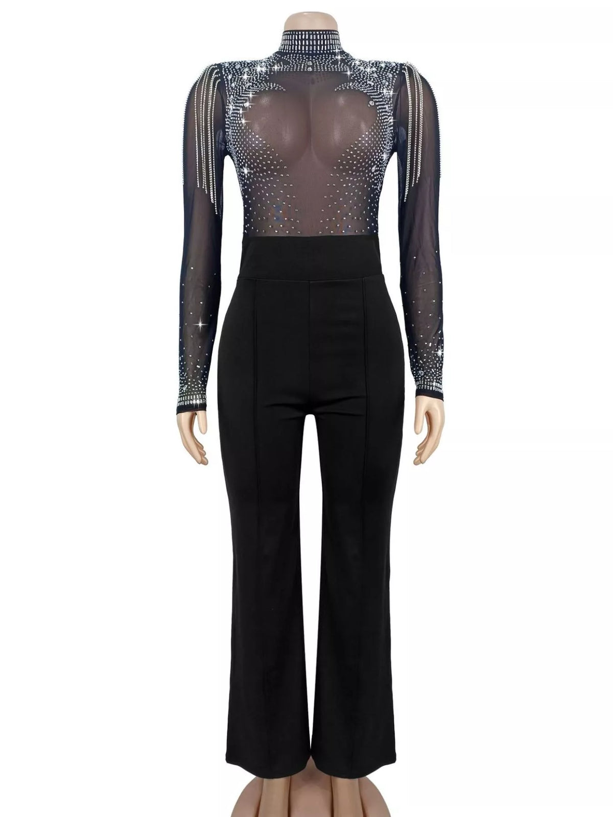 Rhinestone Embellished Mesh Long Sleeve Jumpsuit