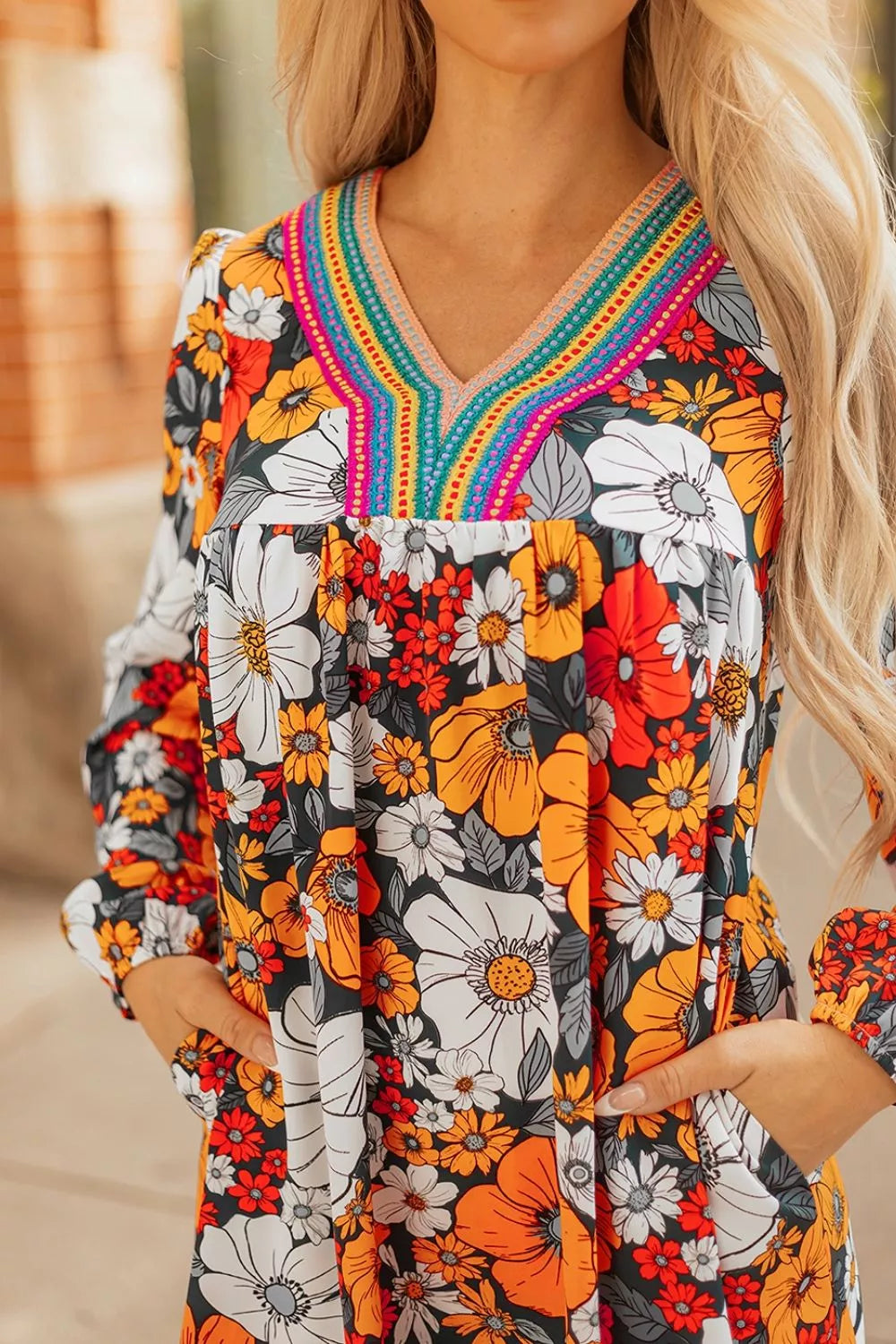 Boho Floral Print V-Neck Mini Dress with Pockets