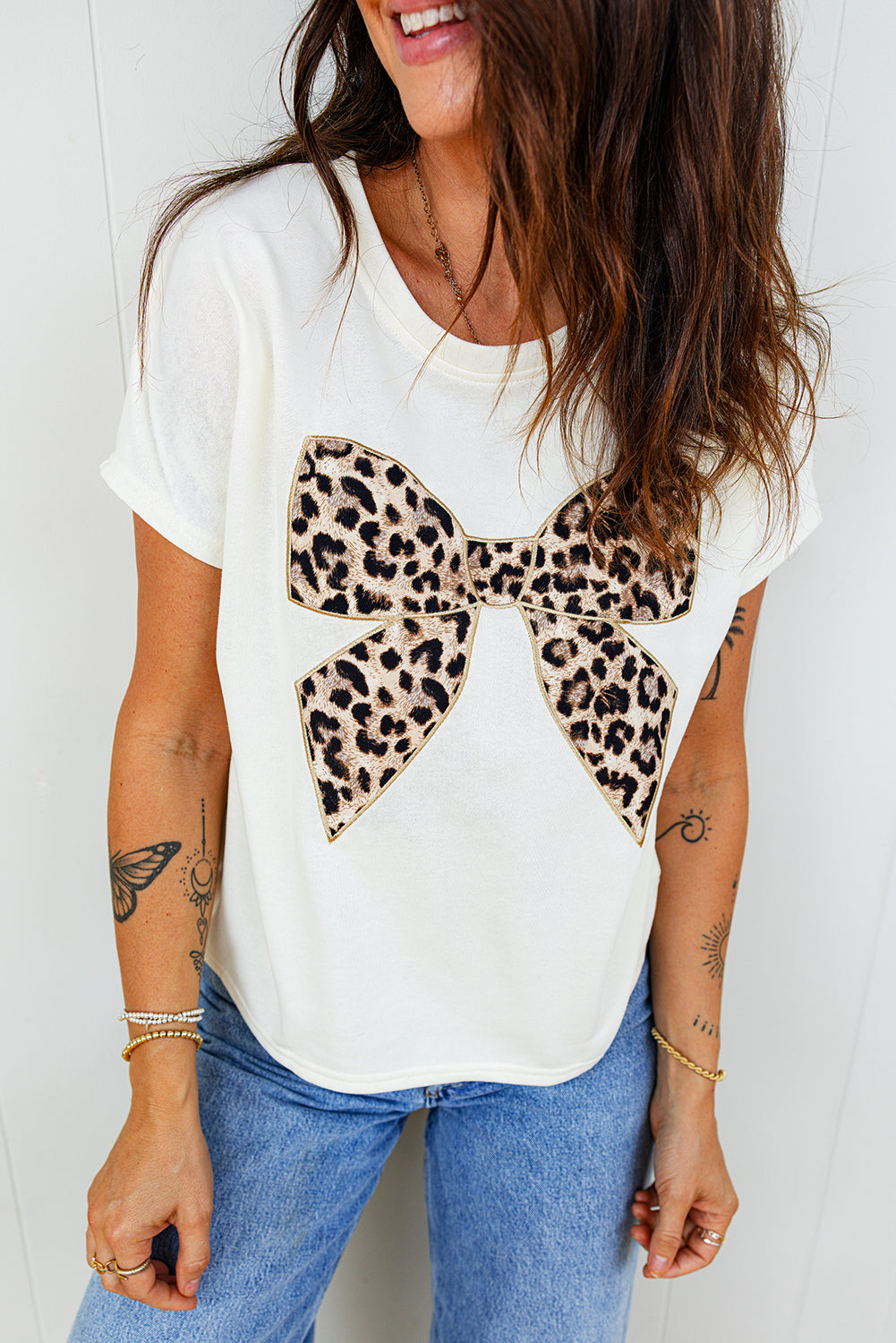 Leopard Bow Embroidered Short Sleeve T-Shirt