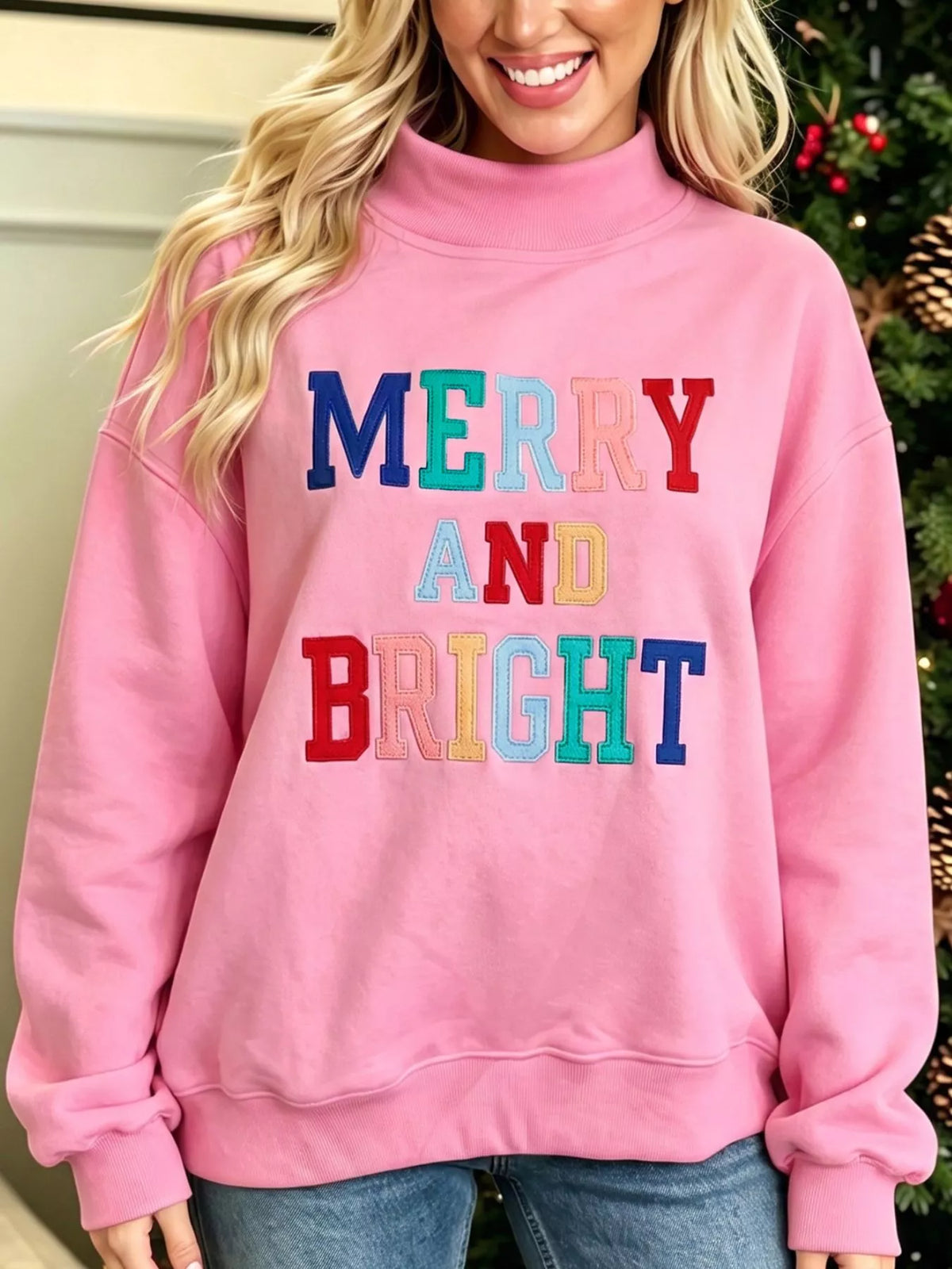 MERRY AND BRIGHT Stitched Letter Pattern Mock Neck Sweatshirt